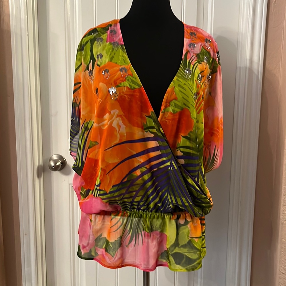 LANE BRYANT Colorful Spring Summer Sequins Top 18/20 Pre-Owned Orange, Pink, etc